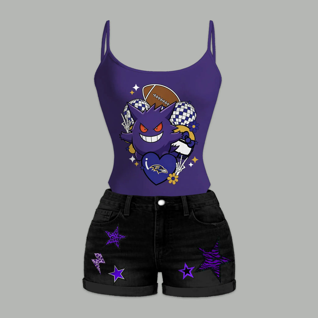 Baltimore Ravens X Pokémon Bodysuit  & Stretch Black Denim Shorts Two-Piece Set