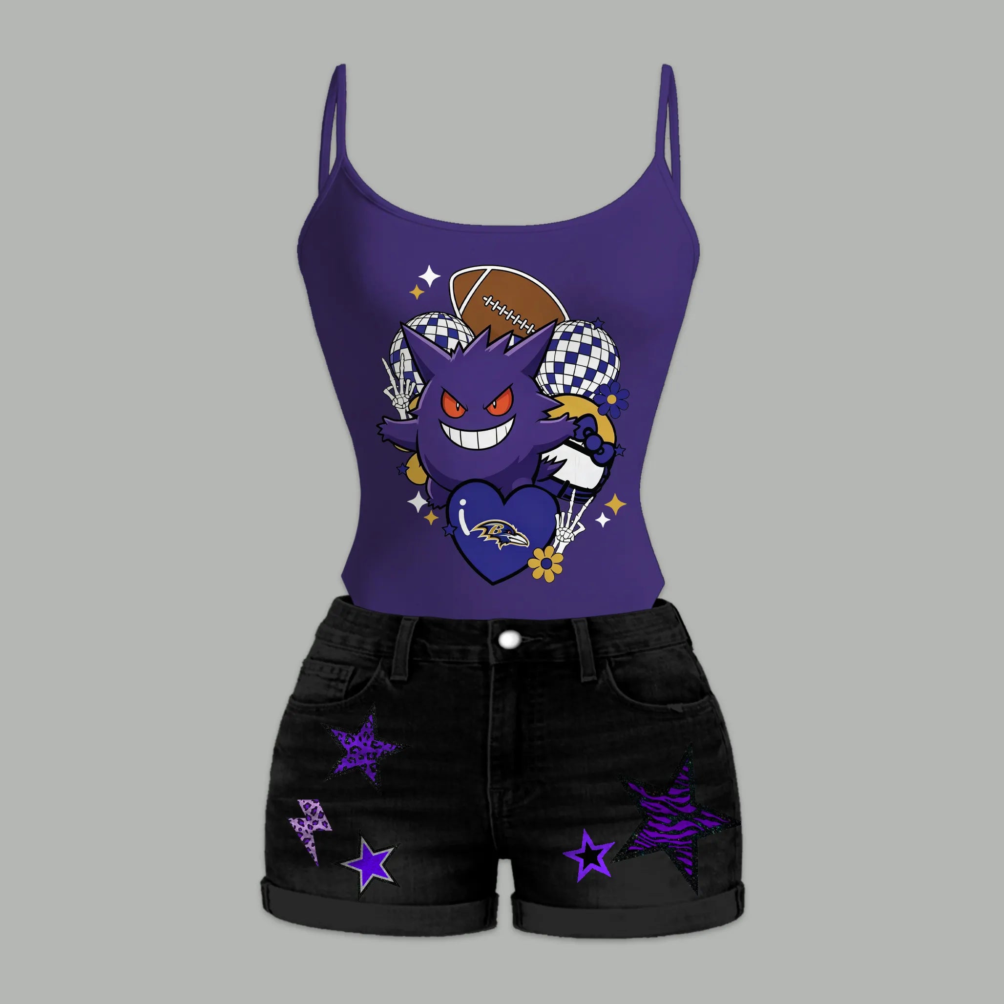 Baltimore Ravens X Pokémon Bodysuit  & Stretch Black Denim Shorts Two-Piece Set