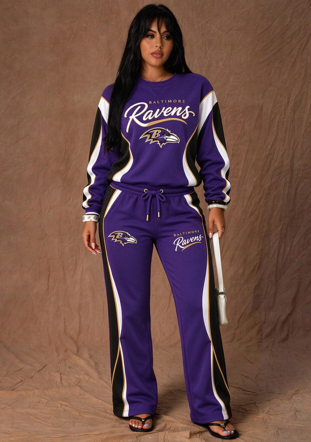 Women's Baltimore Ravens Crewneck Sweatshirt & Flared Pants 2 Piece Set