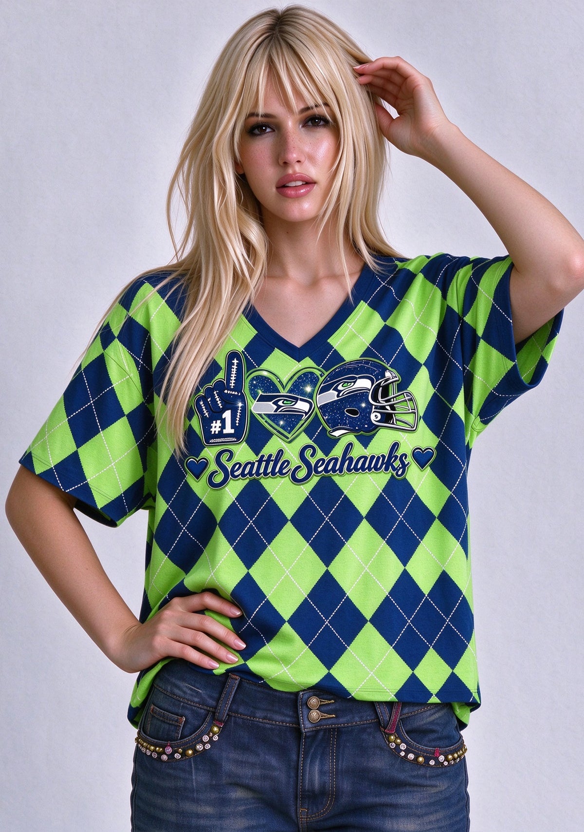 Women's Seattle Seahawks Argyle #1 Fan Heart Helmet V-Neck T-Shirt Main image