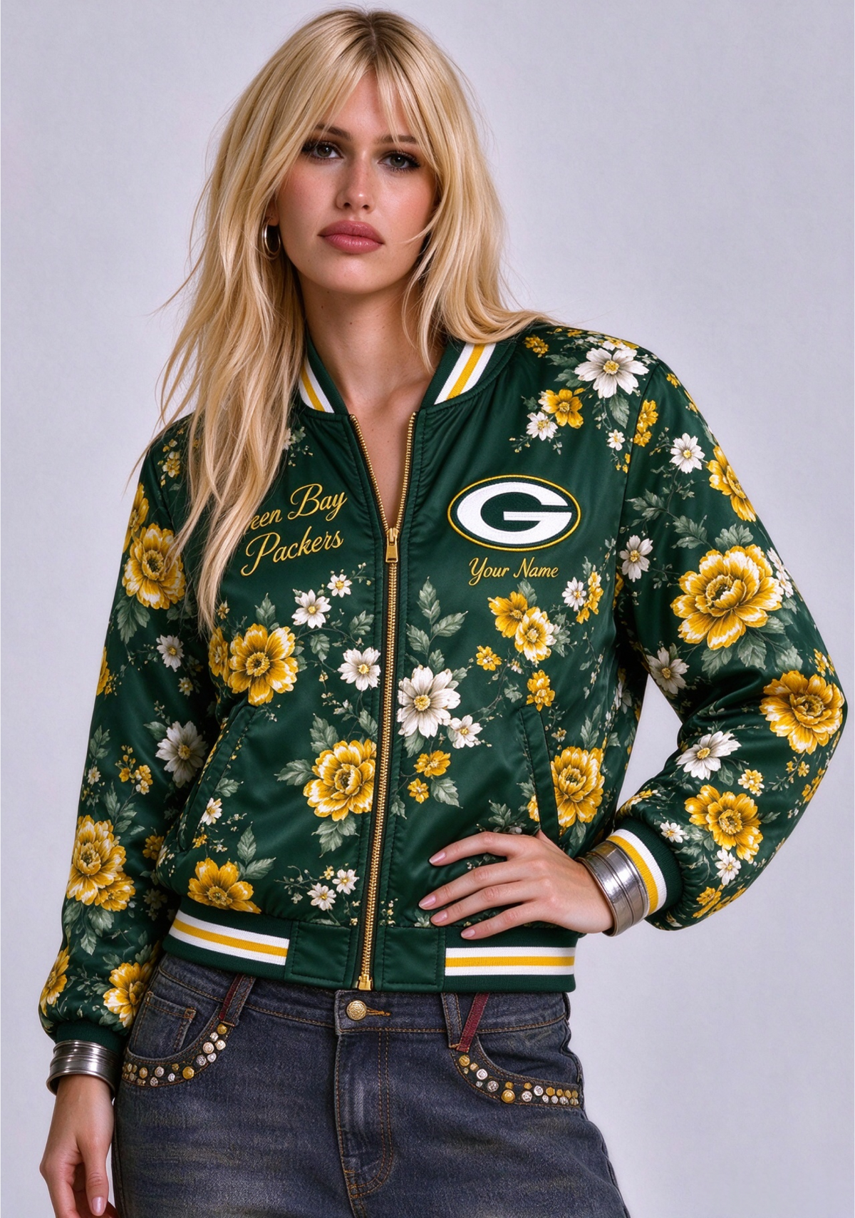 Women Green Bay Packers Floral Print Zip Up Jacket Custom Name For Fan