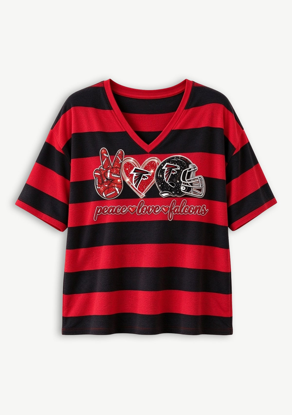 Women's Peace Love Atlanta Falcons Football Striped V Neck T-Shirt