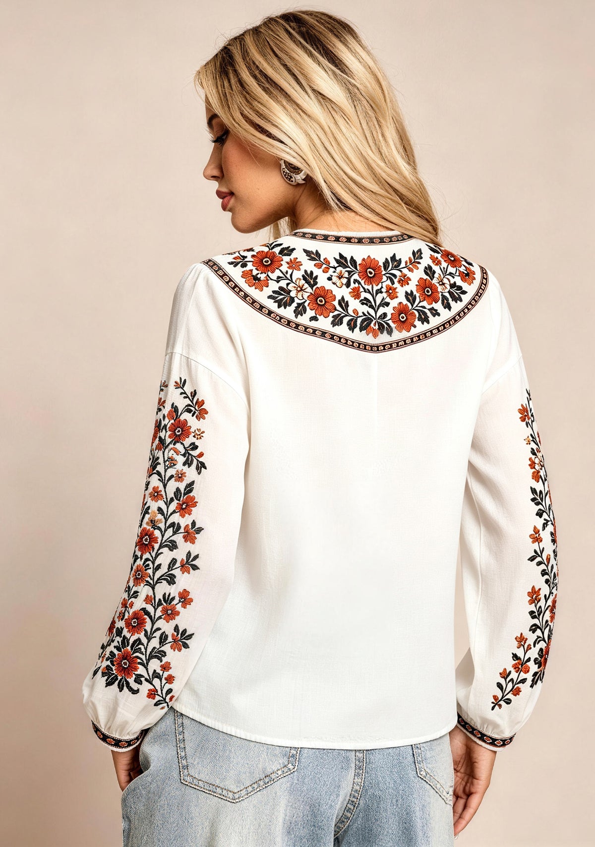 Women's Denver Broncos Boho Floral Printed V-Neck Long Sleeve Shirt