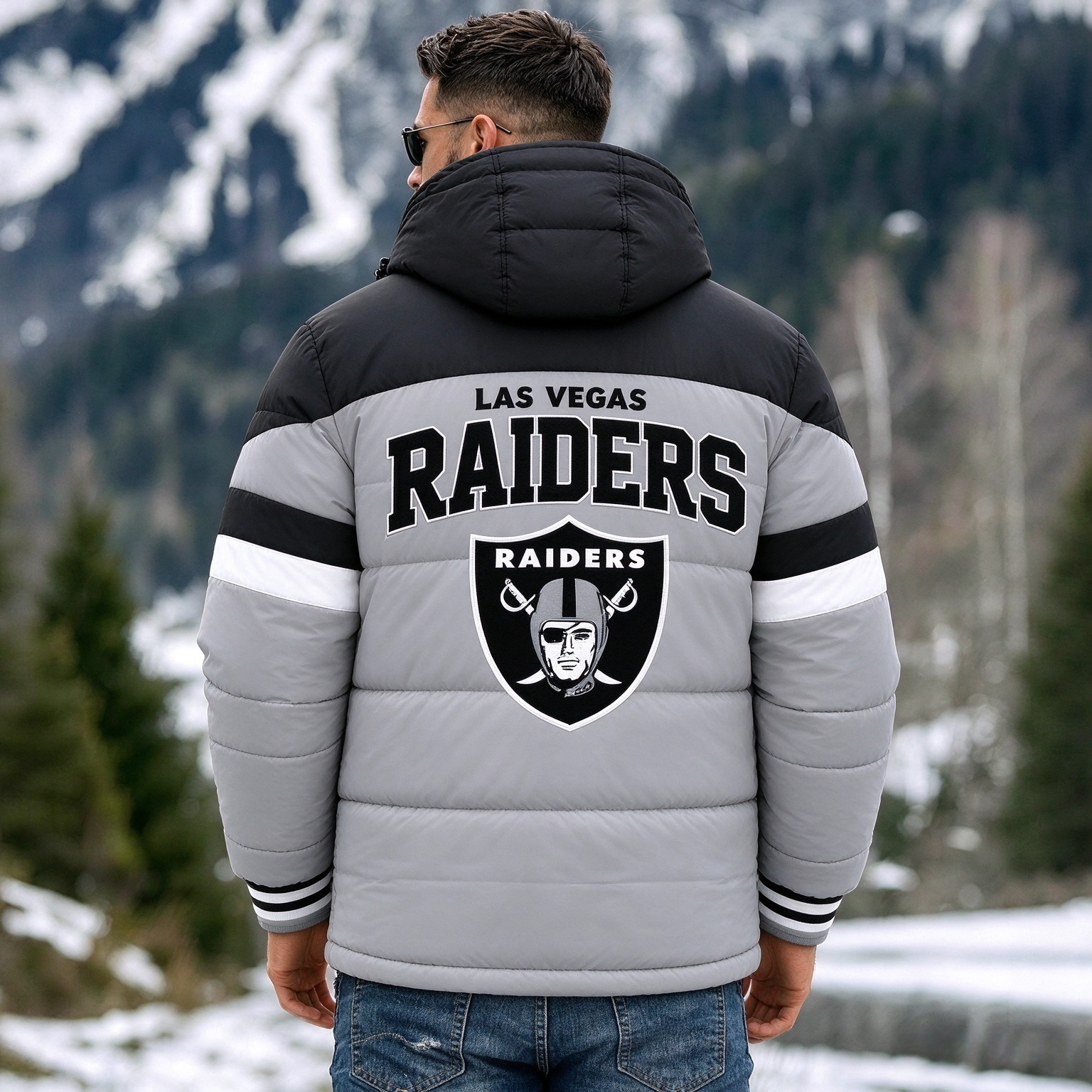 Las Vegas Raiders Hooded Color Block Puffer Jacket  Custom Name Gifts For Fan Secondary image