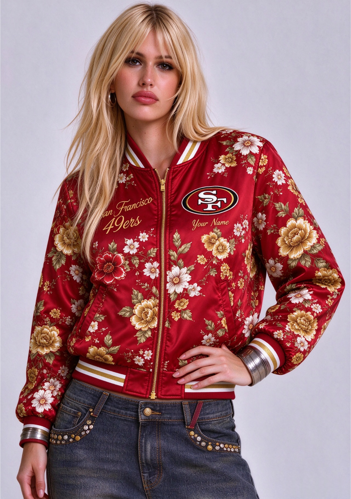 Women San Francisco 49ers Floral Print Zip Up Jacket Custom Name For Fan Main image