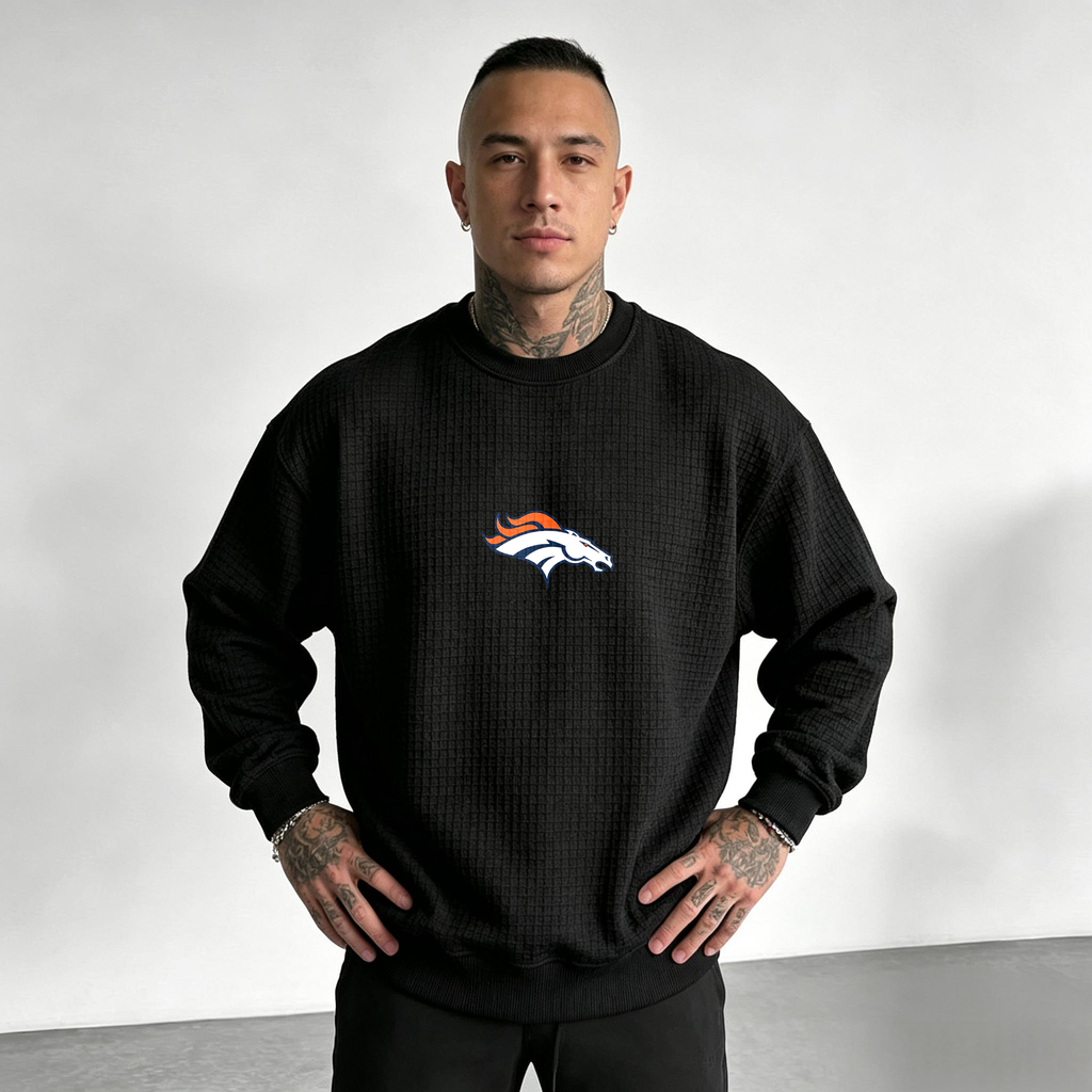Denver Broncos Horse Helmet Waffle Knit Crewneck Sweatshirt