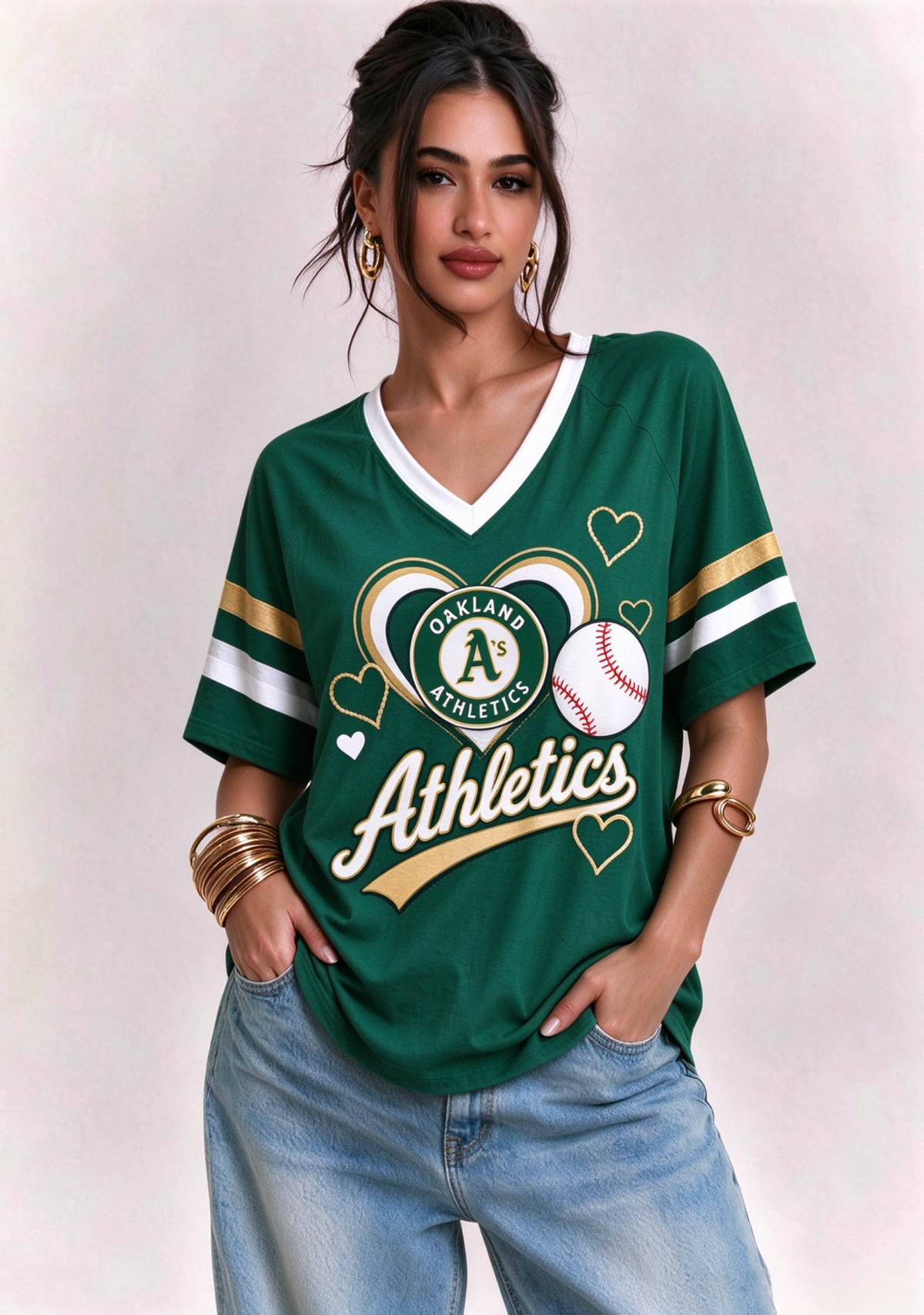 Women Oakland Athletics A’s Heart Baseball Graphic V-Neck T-Shirt Main image
