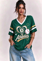 Women Oakland Athletics A’s Heart Baseball Graphic V-Neck T-Shirt