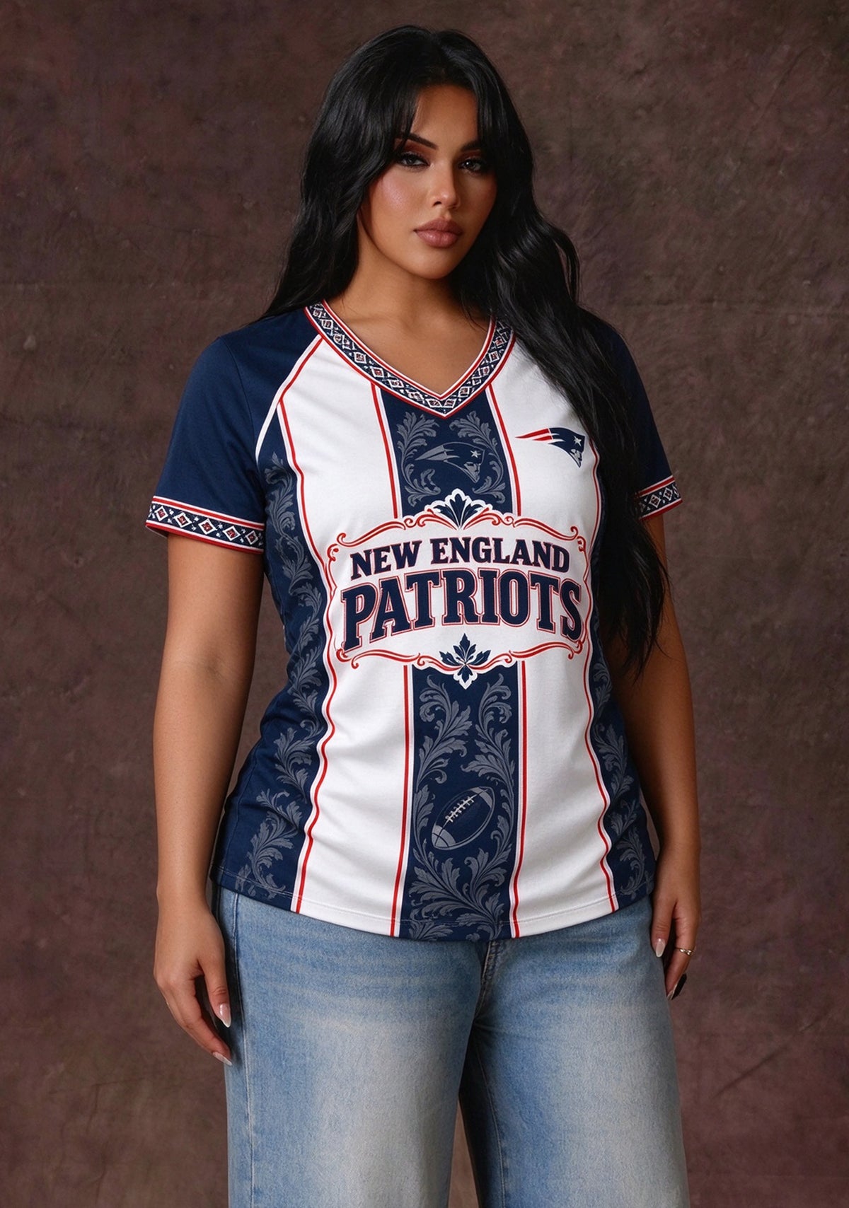 Women's New England Patriots Floral Baroque Striped V-Neck T-Shirt Main image