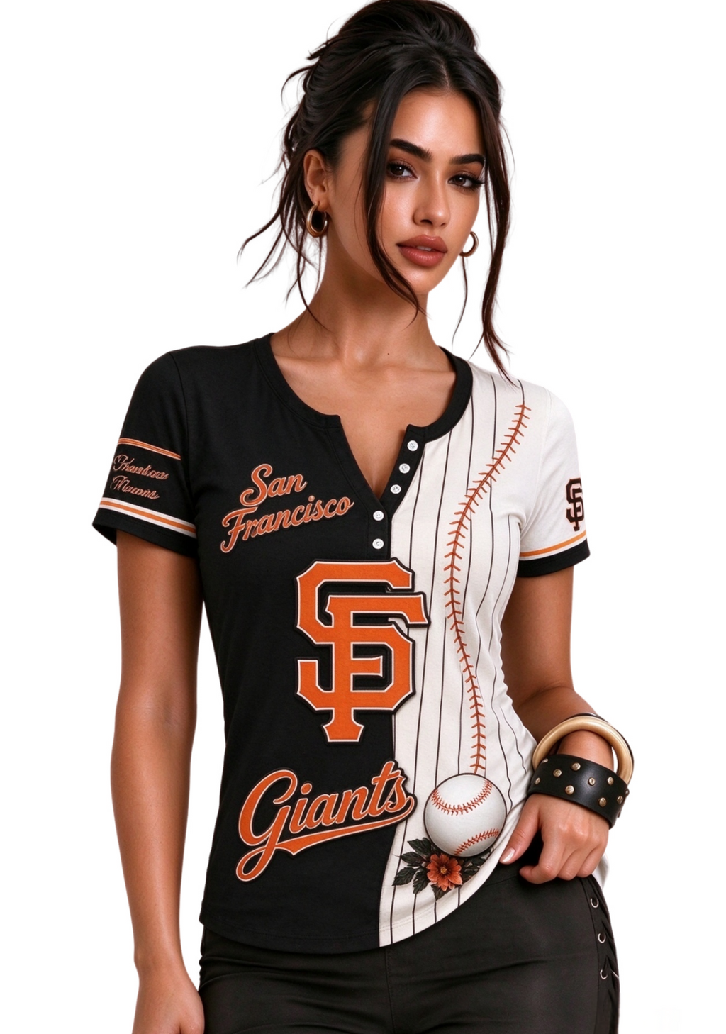 Women San Francisco Giants Baseball Half Striped Henley T-Shirt