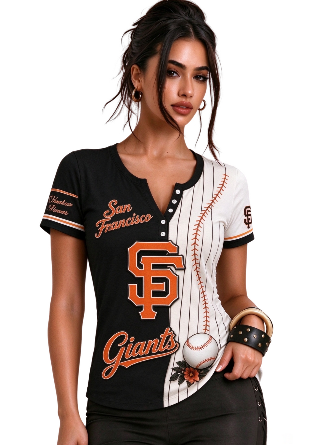 Women San Francisco Giants Baseball Half Striped Henley T-Shirt