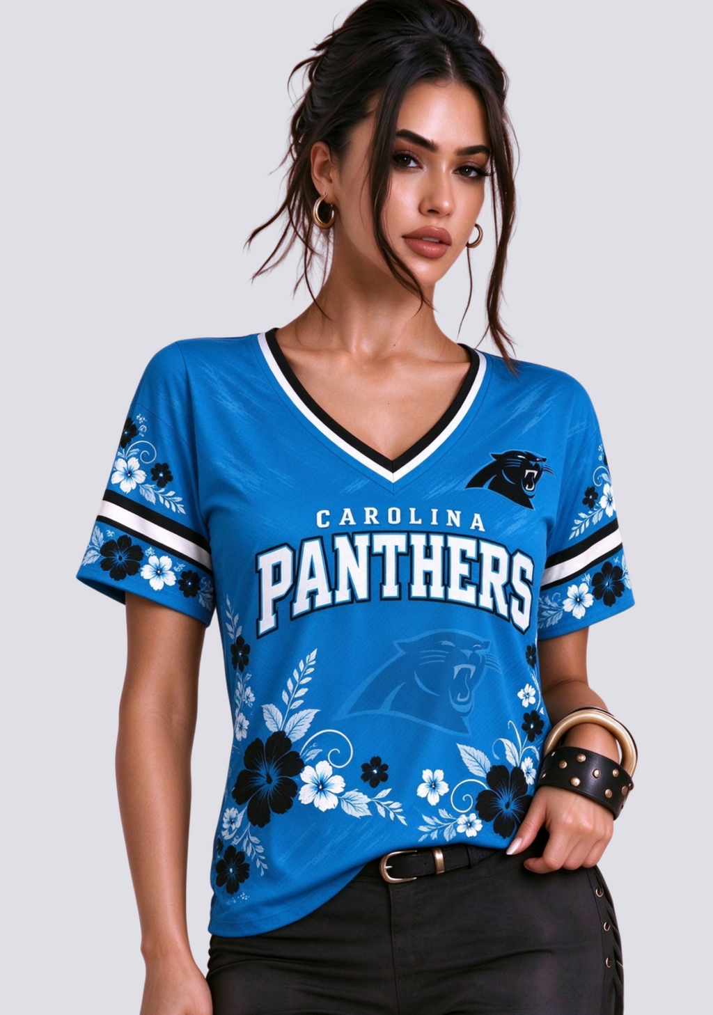 Women's Carolina Panthers Tropical Floral V-Neck T-Shirt