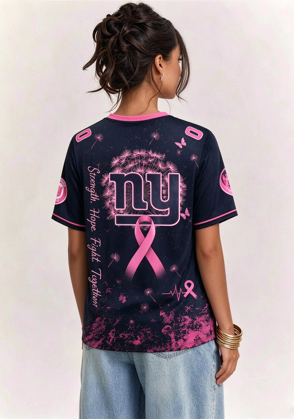 New York Giants Breast Cancer Awareness Dandelion V-Neck T-Shirt