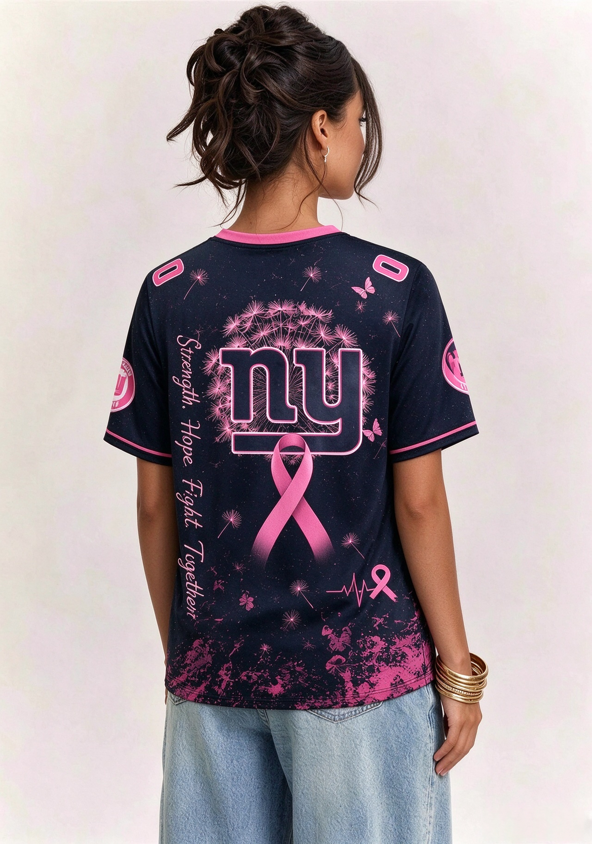 New York Giants Breast Cancer Awareness Dandelion V-Neck T-Shirt