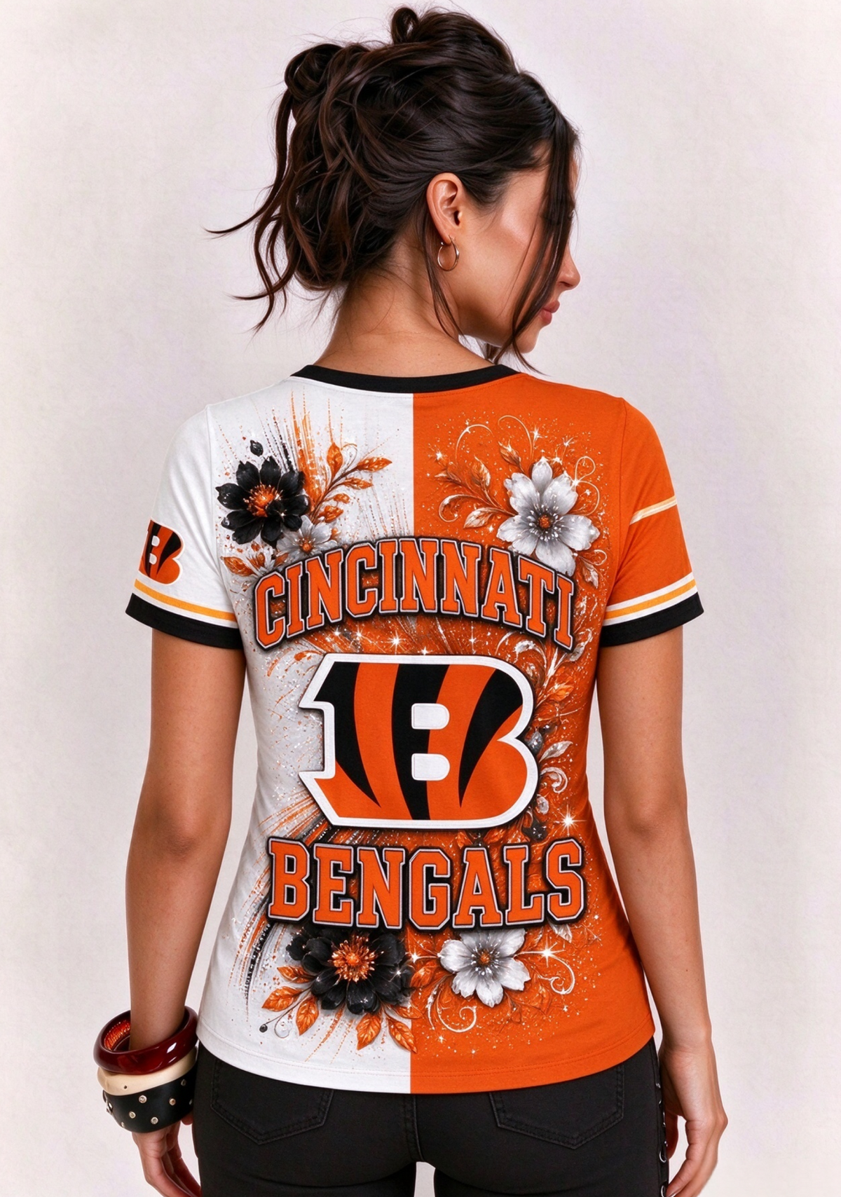 Women Cincinnati Bengals Floral Henley T-Shirt