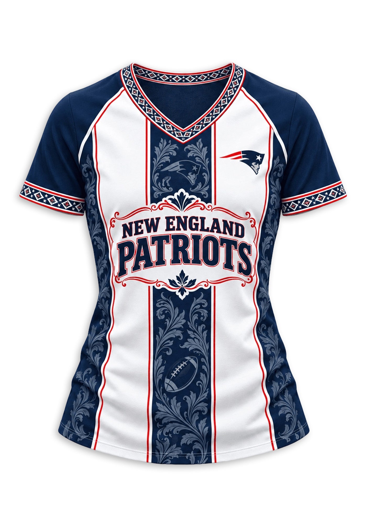 Women's New England Patriots Floral Baroque Striped V-Neck T-Shirt Secondary image