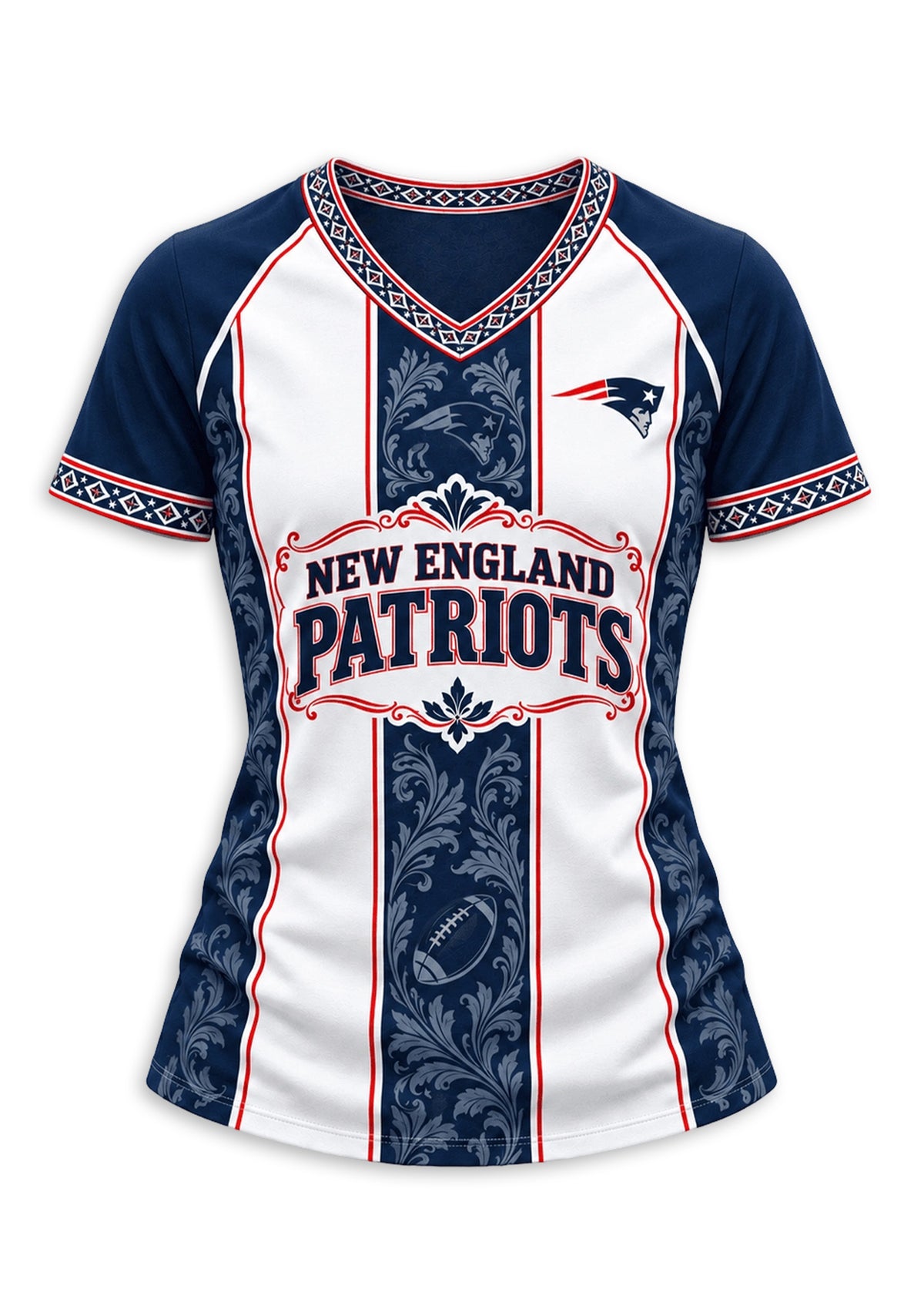 Women's New England Patriots Floral Baroque Striped V-Neck T-Shirt