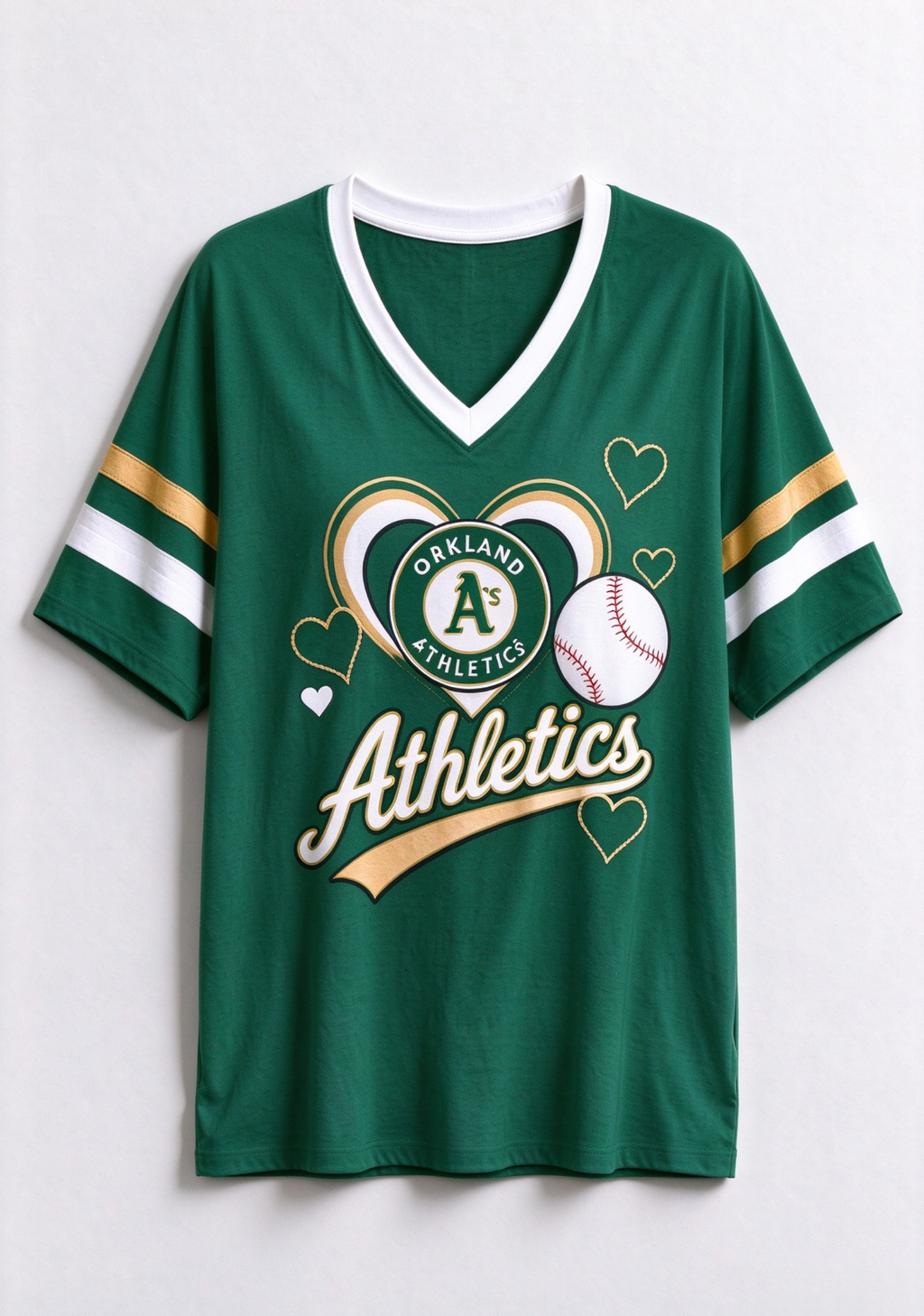 Women Oakland Athletics A’s Heart Baseball Graphic V-Neck T-Shirt