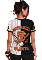 Women San Francisco Giants Baseball Half Striped Henley T-Shirt