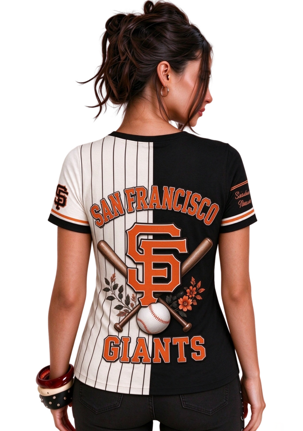 Women San Francisco Giants Baseball Half Striped Henley T-Shirt