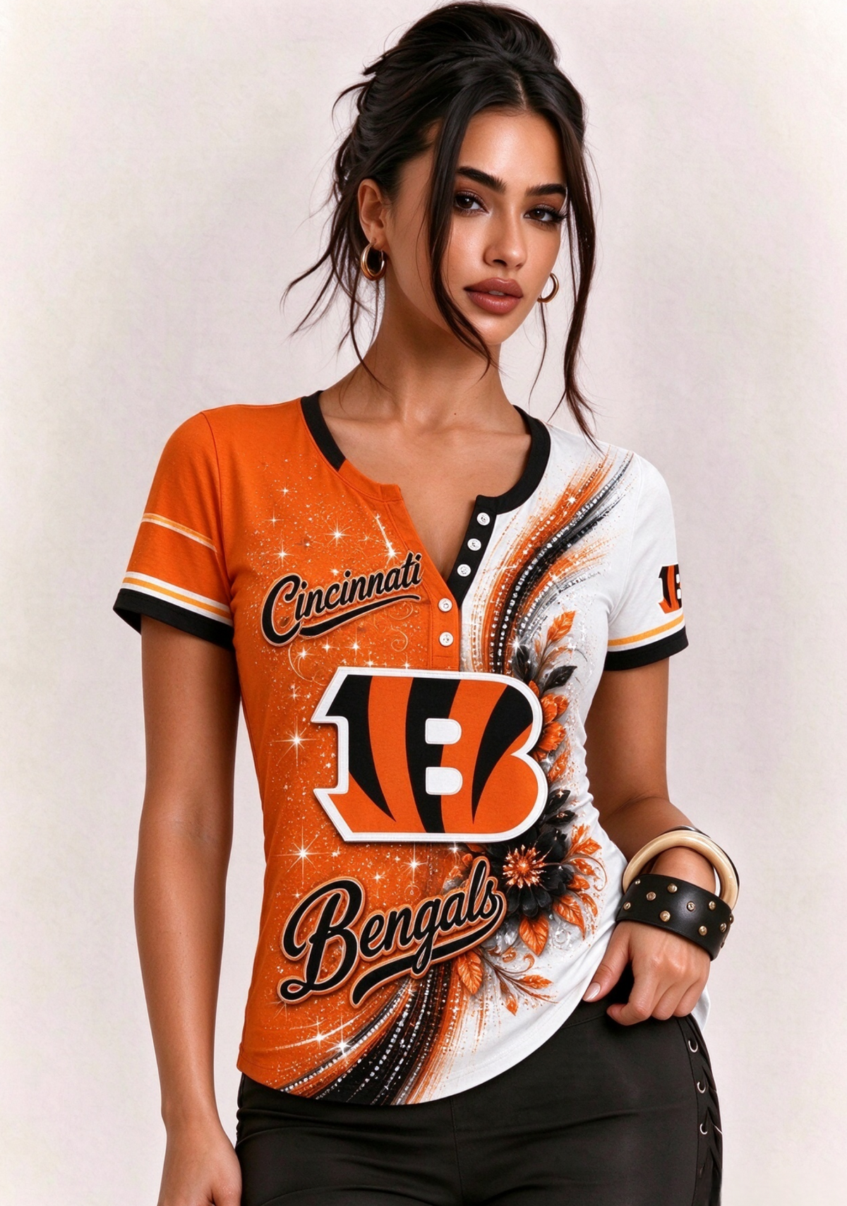 Women Cincinnati Bengals Floral Henley T-Shirt