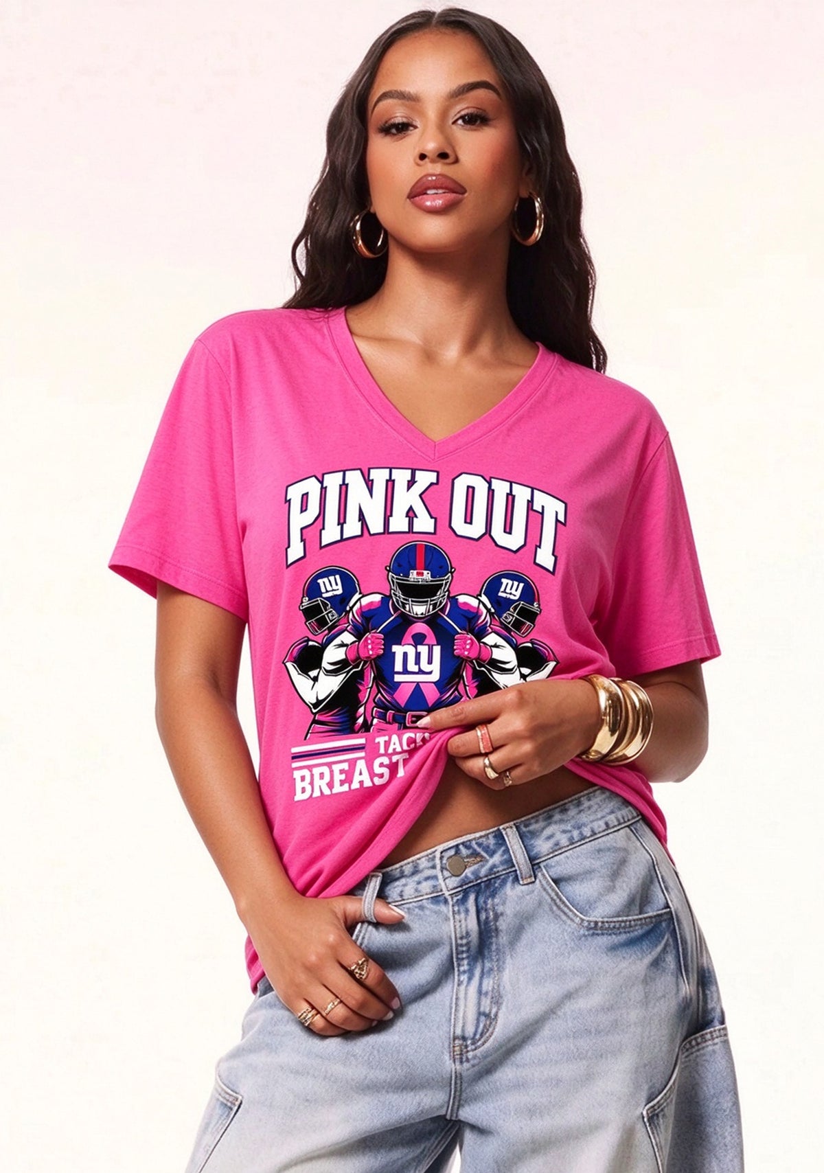 New York Giants Pink Out Tackle Breast Cancer Awareness V-Neck T-Shirt Main image