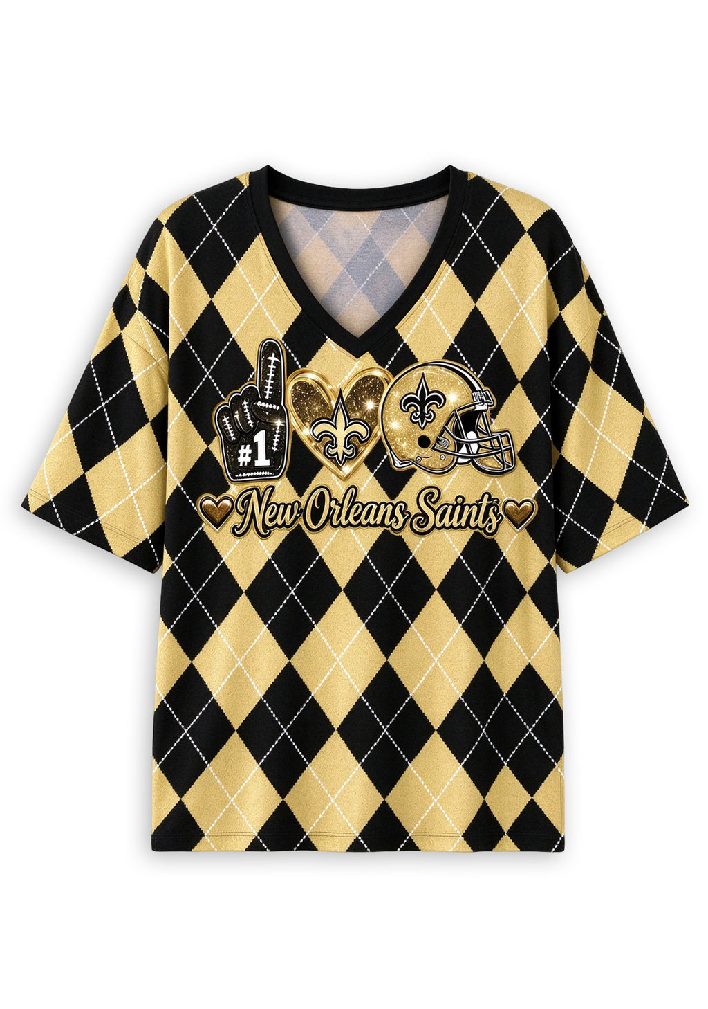 Women's New Orleans Saints Argyle #1 Fan Heart Helmet V-Neck T-Shirt