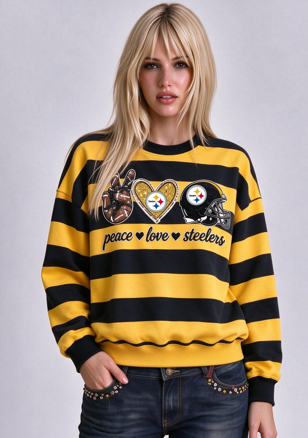 Women's Peace Love Pittsburgh Steelers Striped Crewneck Sweatshirt