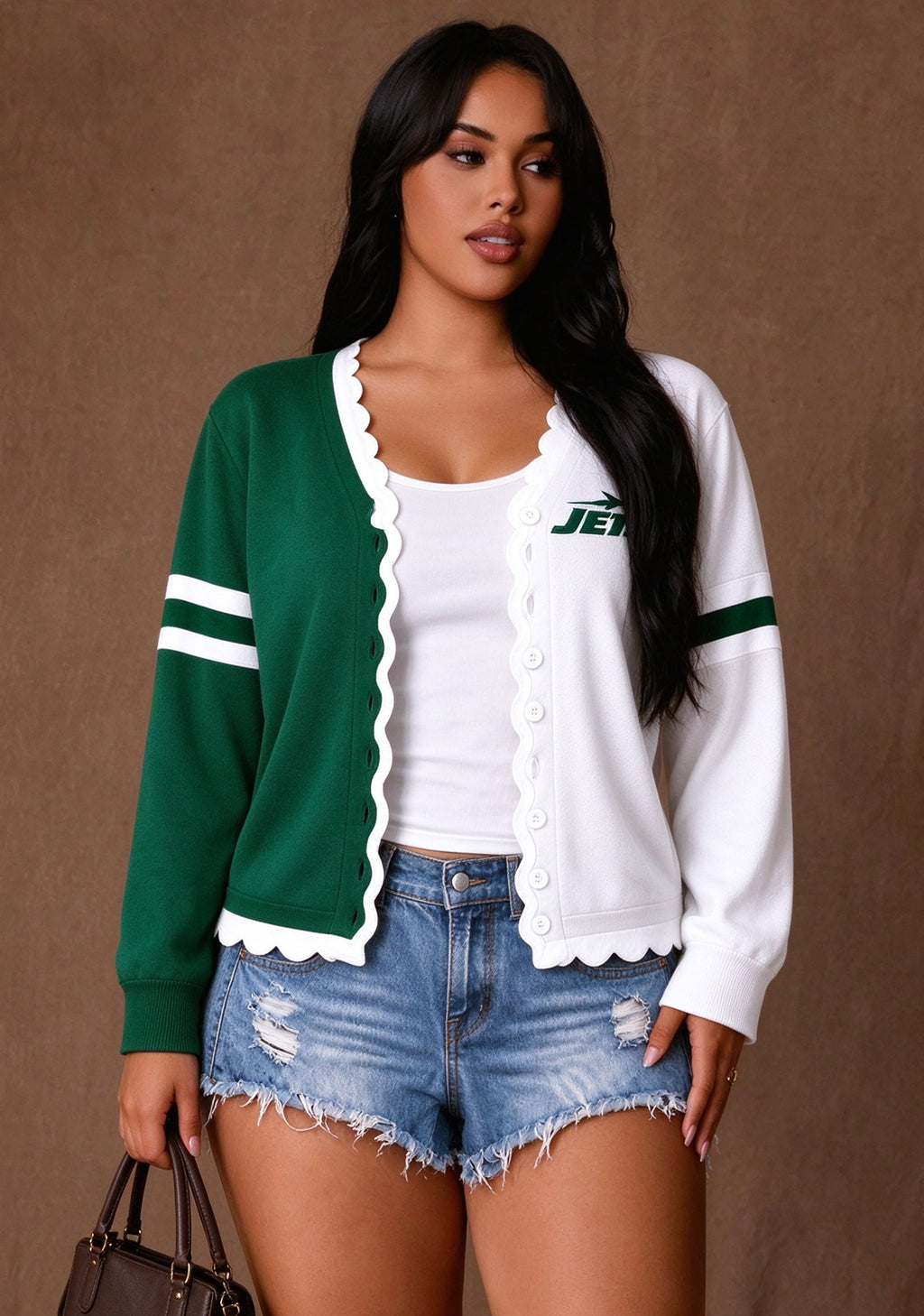 Women's New York Jets Color Block Scalloped Trim V-Neck Button Cardigan
