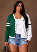 Women's New York Jets Color Block Scalloped Trim V-Neck Button Cardigan