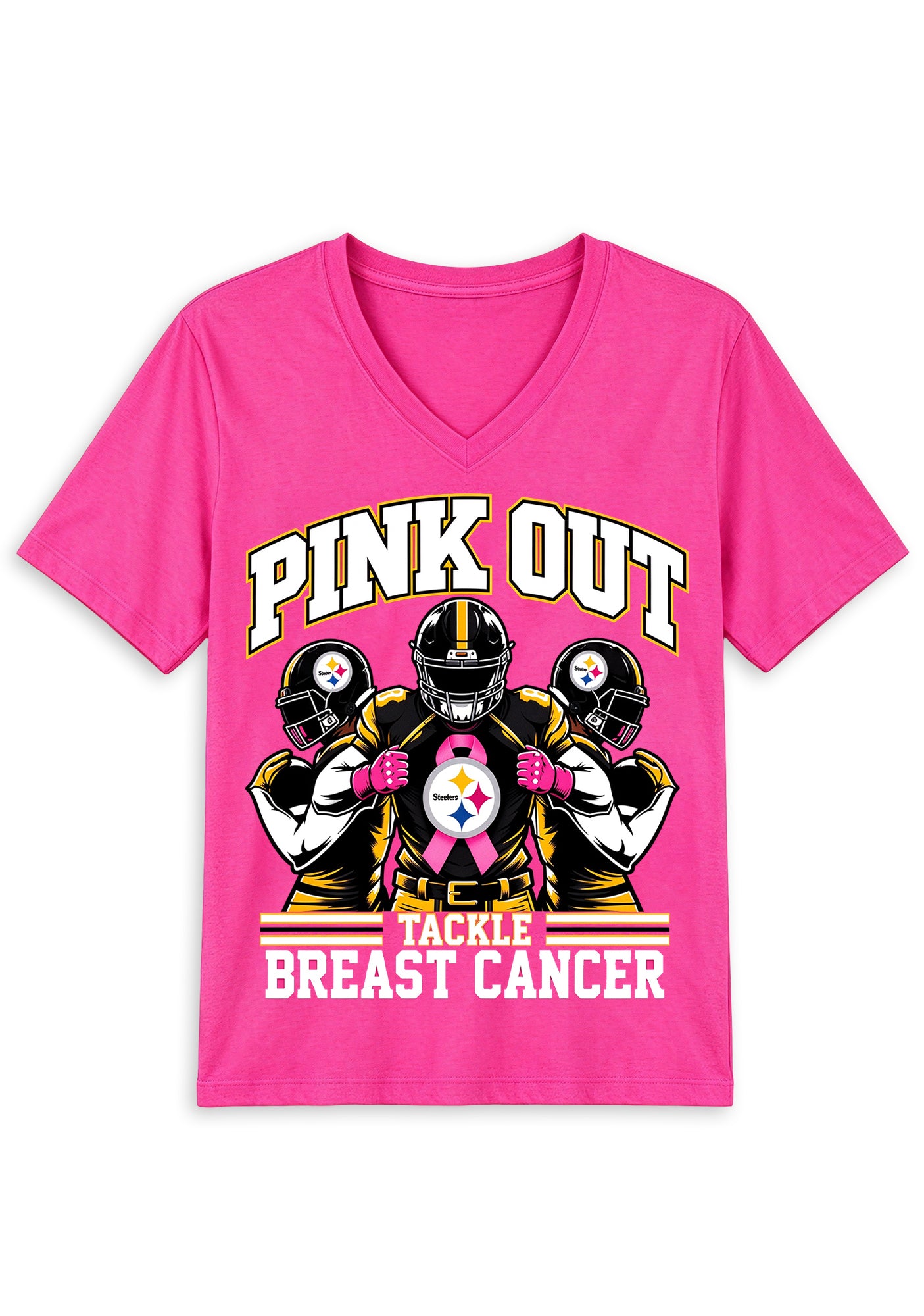 Pittsburgh Steelers Pink Out Tackle Breast Cancer Awareness V-Neck T-Shirt Secondary image