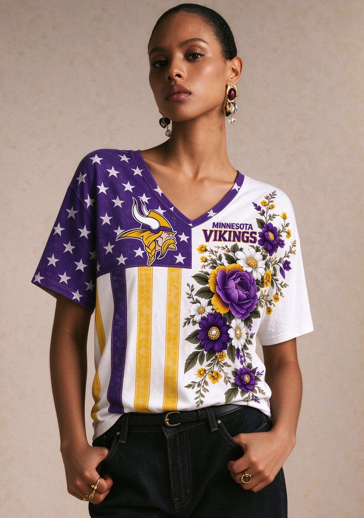 Women's Minnesota Vikings American Flag Floral V-Neck T-Shirt