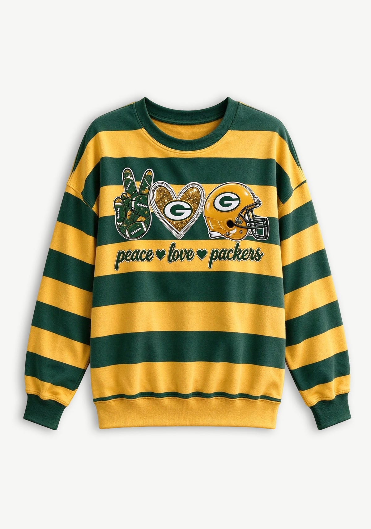 Women's Peace Love Green Bay Packers Striped Crewneck Sweatshirt
