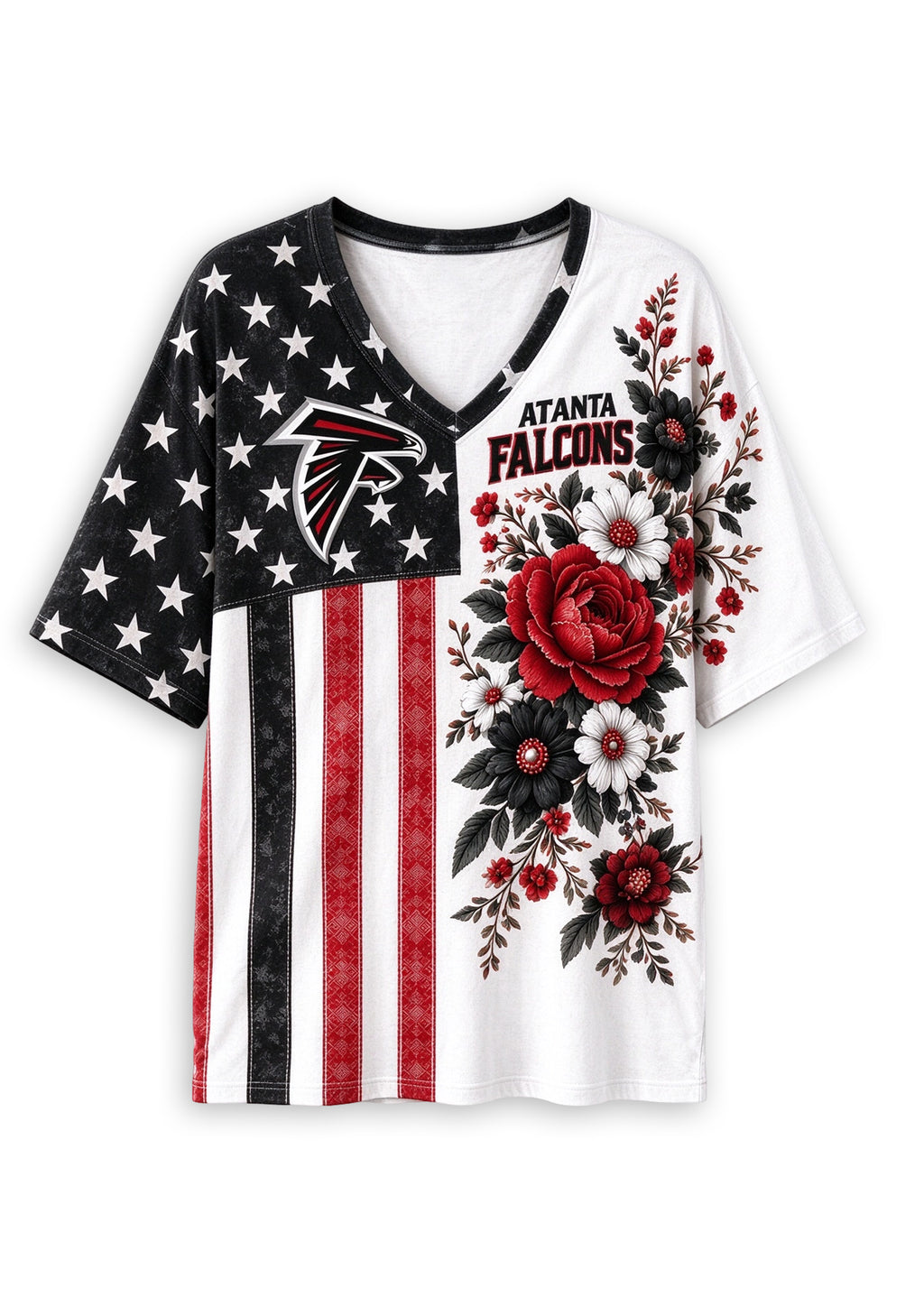 Women's Atlanta Falcons American Flag Floral V-Neck T-Shirt