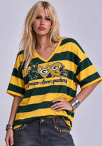 Women's Peace Love Green Bay Packers Football Striped V Neck T-Shirt