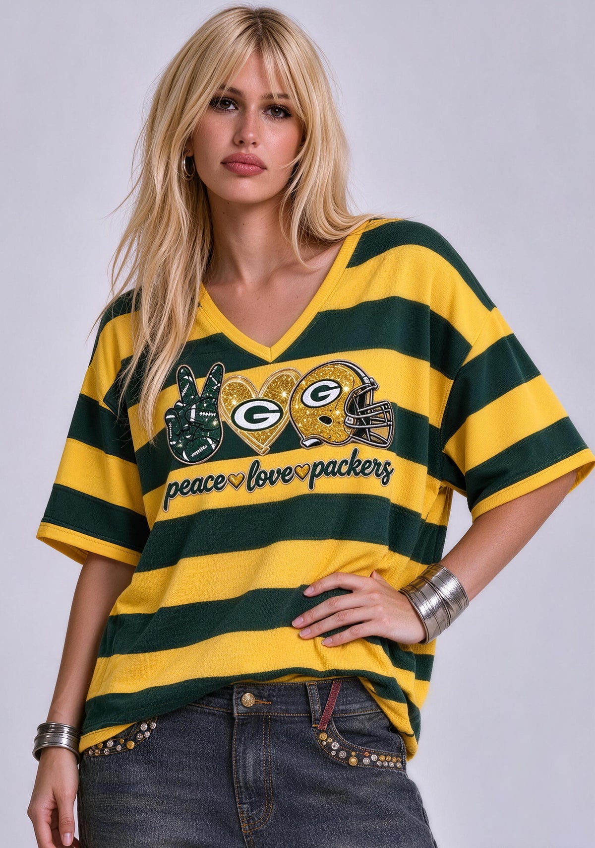 Women's Peace Love Green Bay Packers Football Striped V Neck T-Shirt