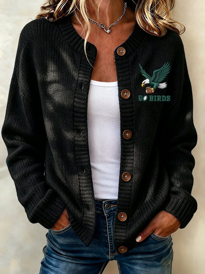 Women'S Football Printed Knitted Cardigan