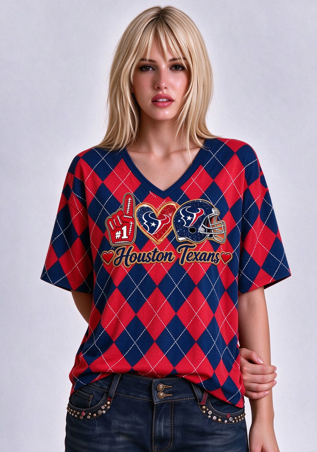 Women's Houston Texans Argyle #1 Fan Heart Helmet V-Neck T-Shirt