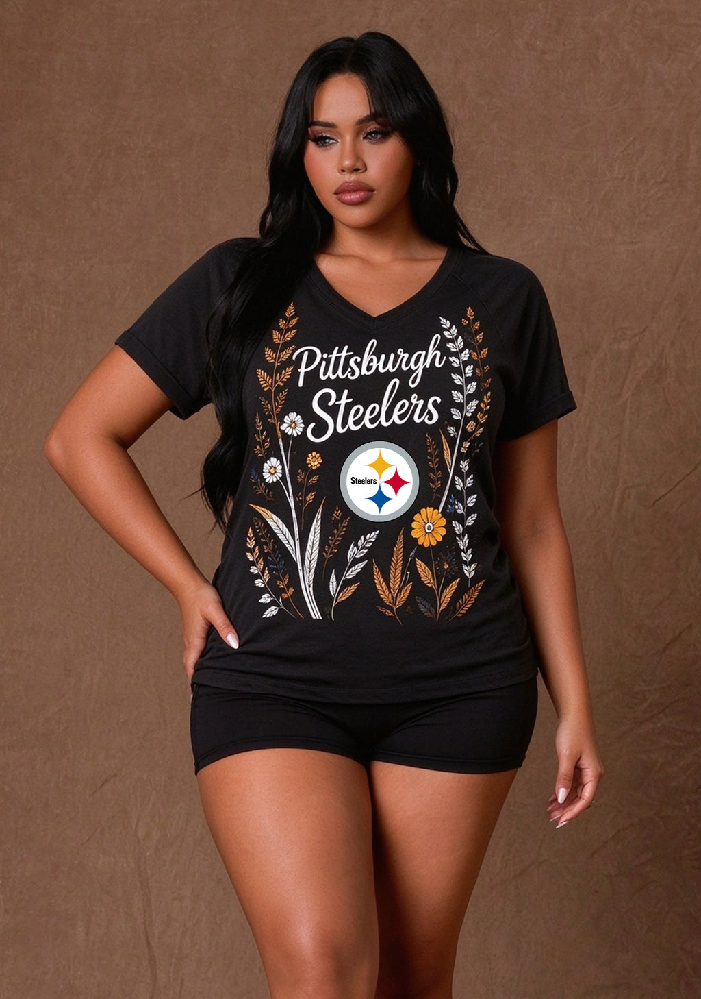 Women's Pittsburgh Steelers Wildflower Graphic V-Neck Raglan Rolled T-Shirt