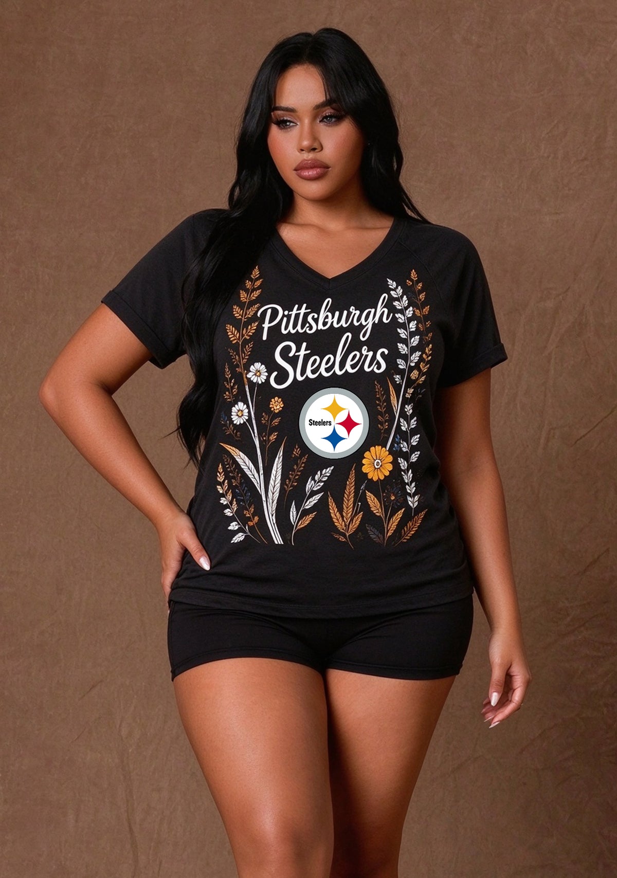 Women's Pittsburgh Steelers Wildflower Graphic V-Neck Raglan Rolled T-Shirt