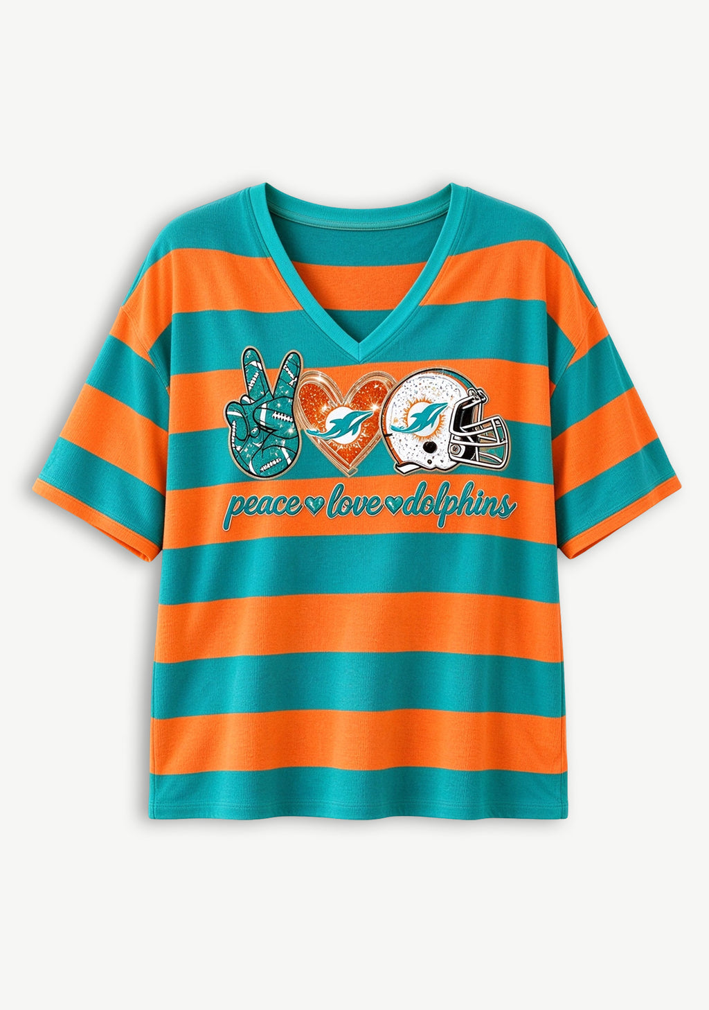 Women's Peace Love Miami Dolphins Football Striped V Neck T-Shirt