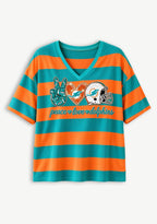 Women's Peace Love Miami Dolphins Football Striped V Neck T-Shirt
