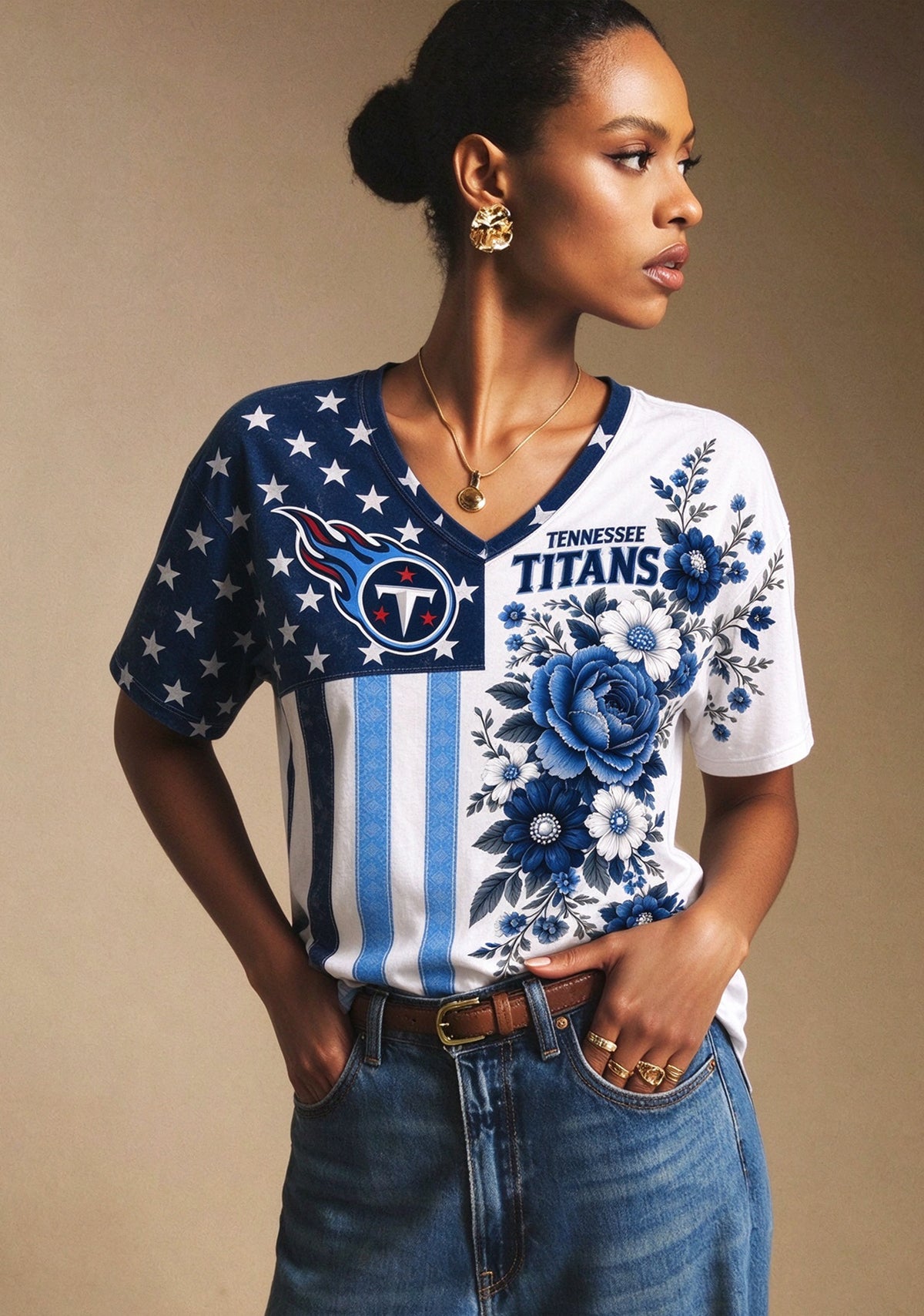 Women's Tennessee Titans American Flag Floral V-Neck T-Shirt