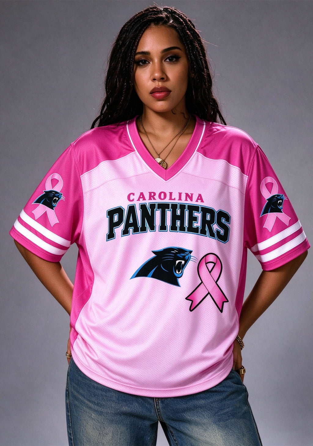 Women Carolina Panthers Breast Cancer Awareness Pink Ribbon Mesh Jersey