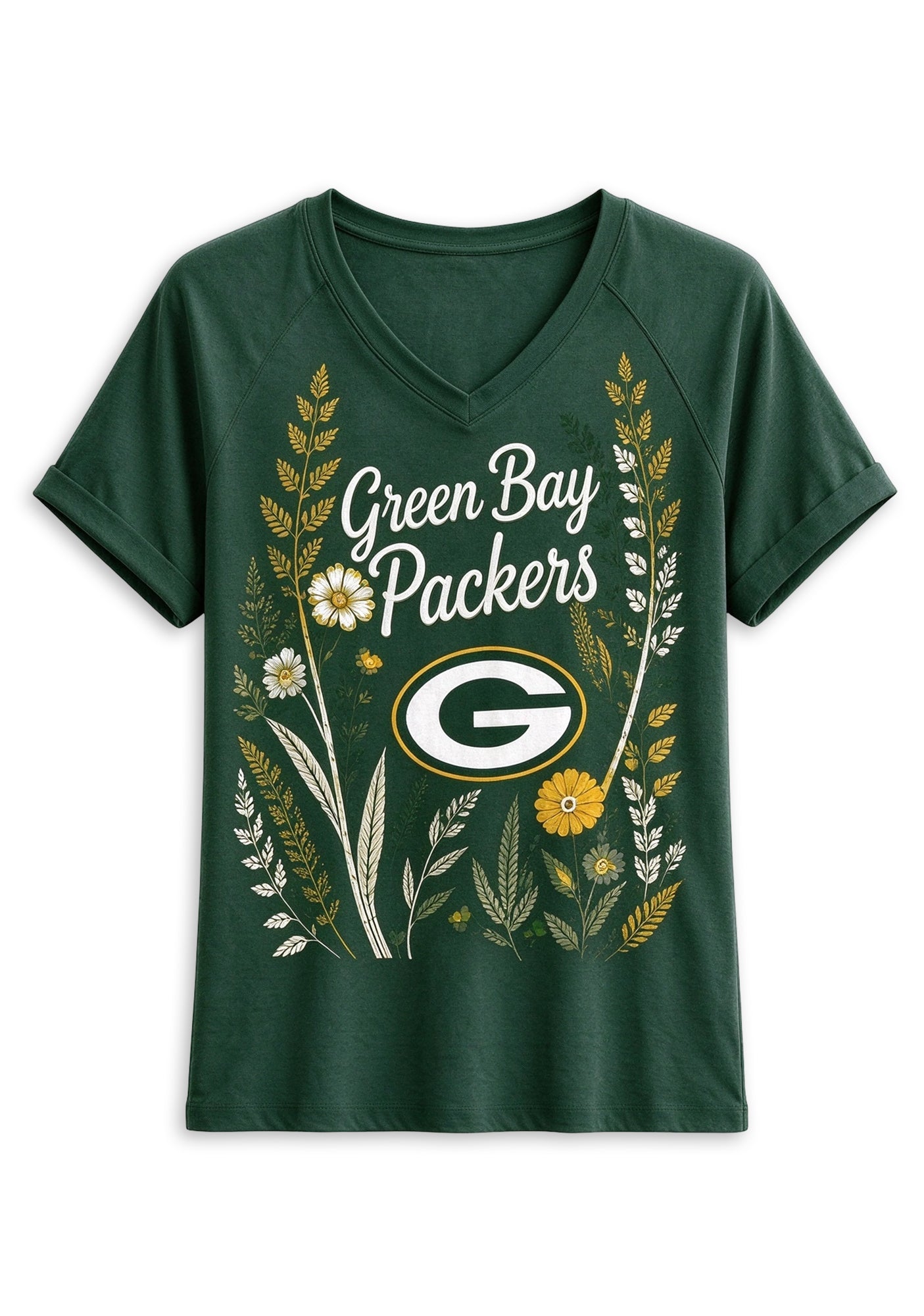 Women's Green Bay Packers Wildflower Graphic V-Neck Raglan Rolled T-Shirt Secondary image