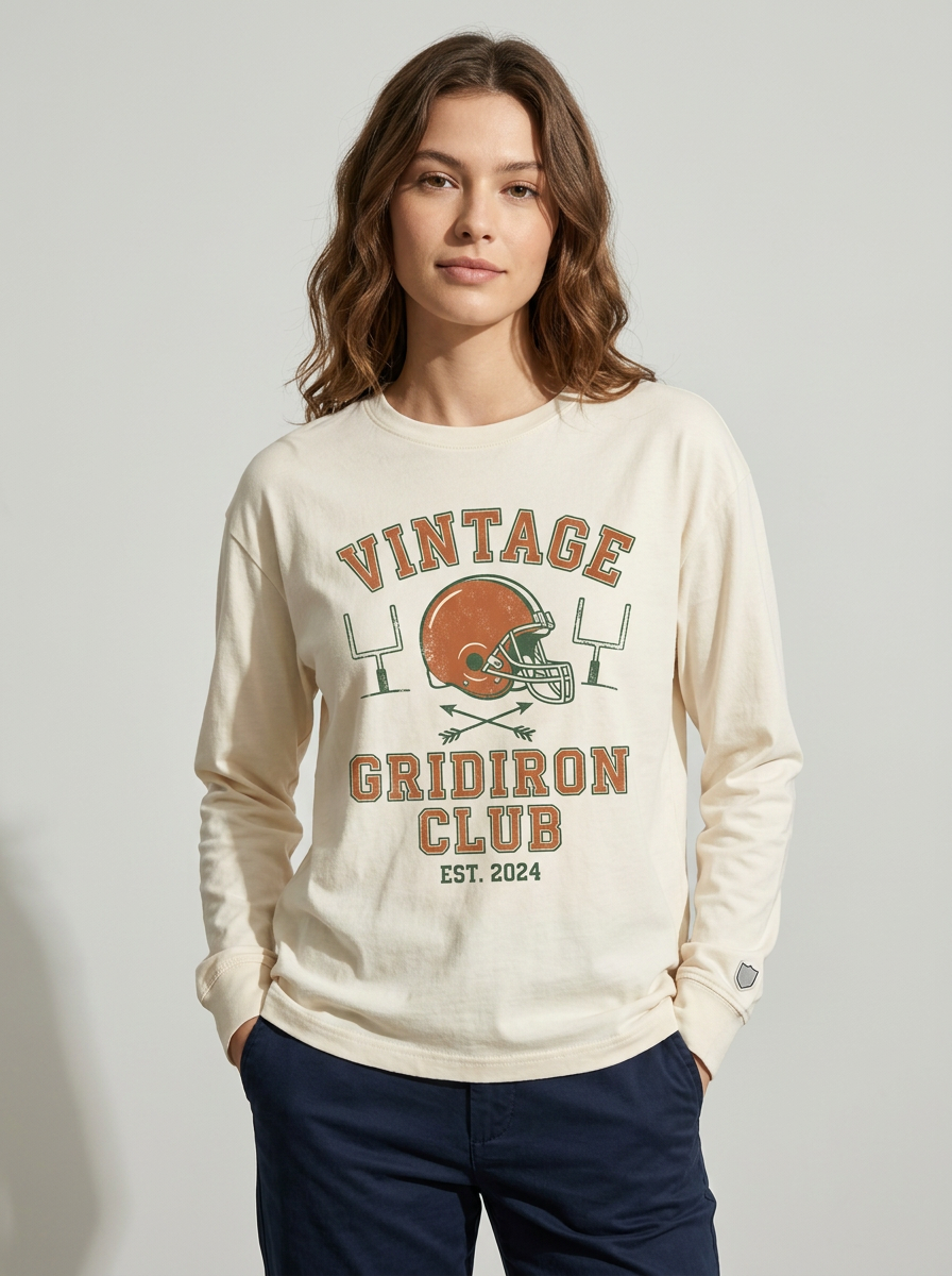 Women's Football Fan Vintage Gridiron Club Helmet Printed Long Sleeve T-Shirt