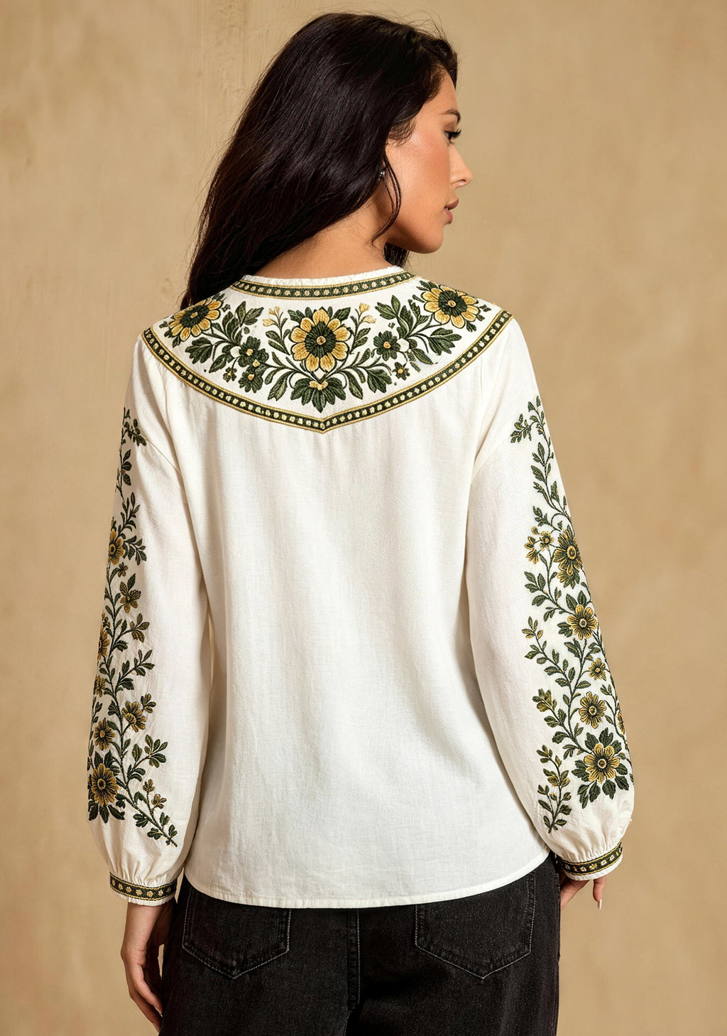 Women's Green Bay Packers Boho Floral Printed V-Neck Long Sleeve Shirt