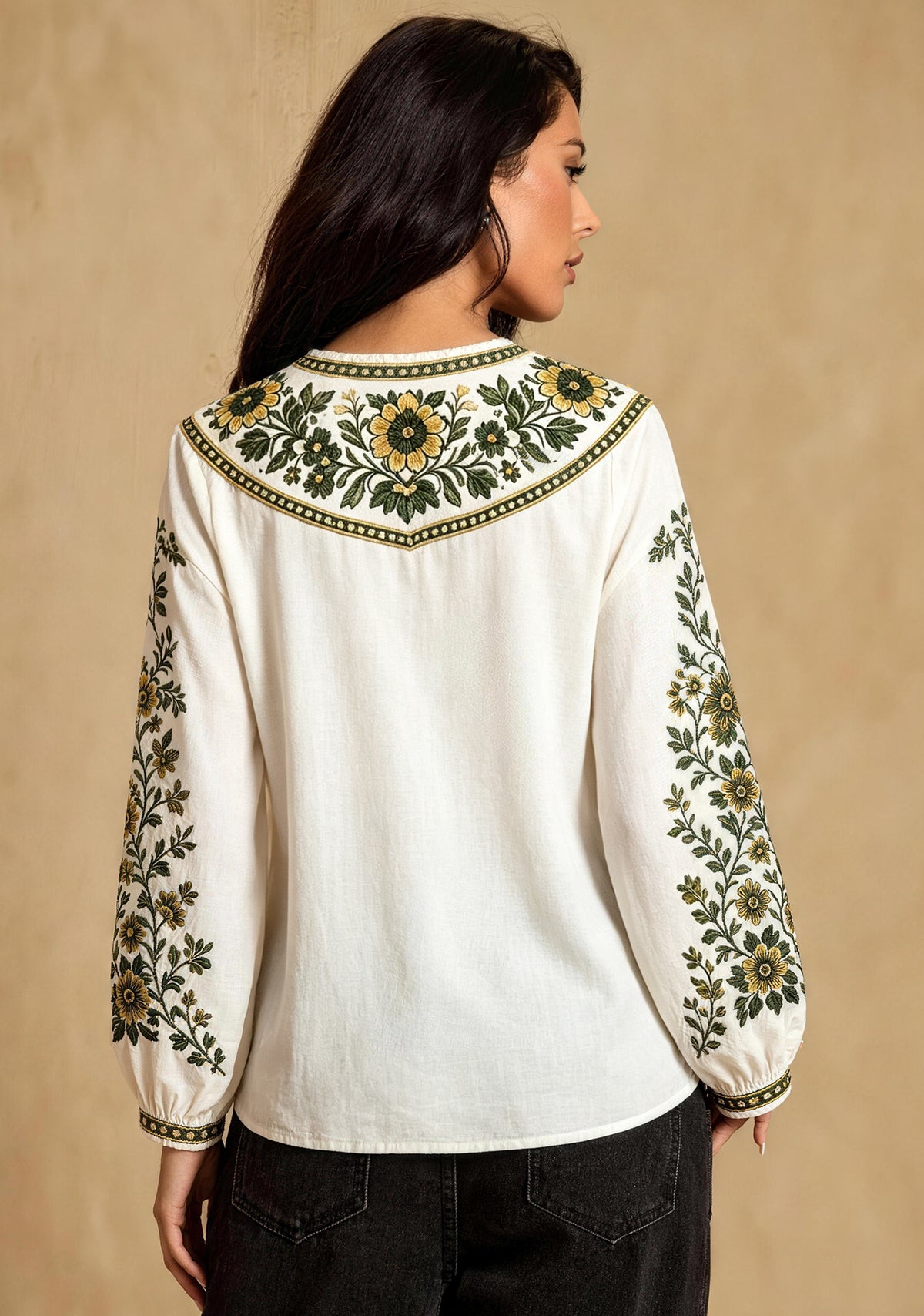 Women's Green Bay Packers Boho Floral Printed V-Neck Long Sleeve Shirt