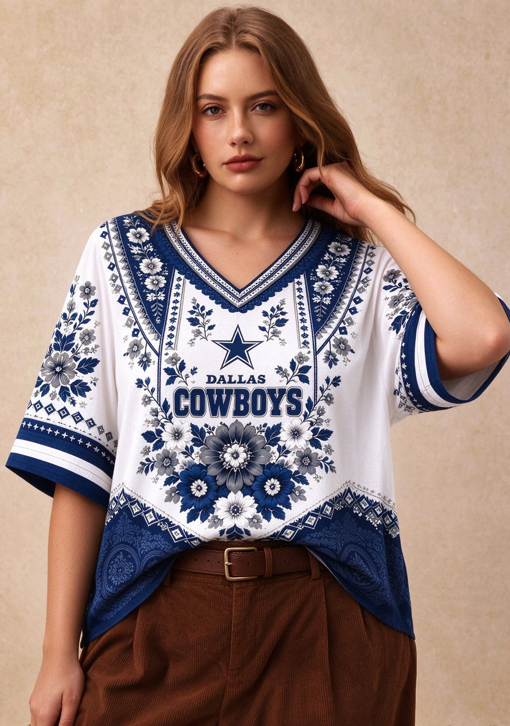 Women’s Dallas Cowboys Boho Floral V-Neck 3/4 Sleeve Shirt