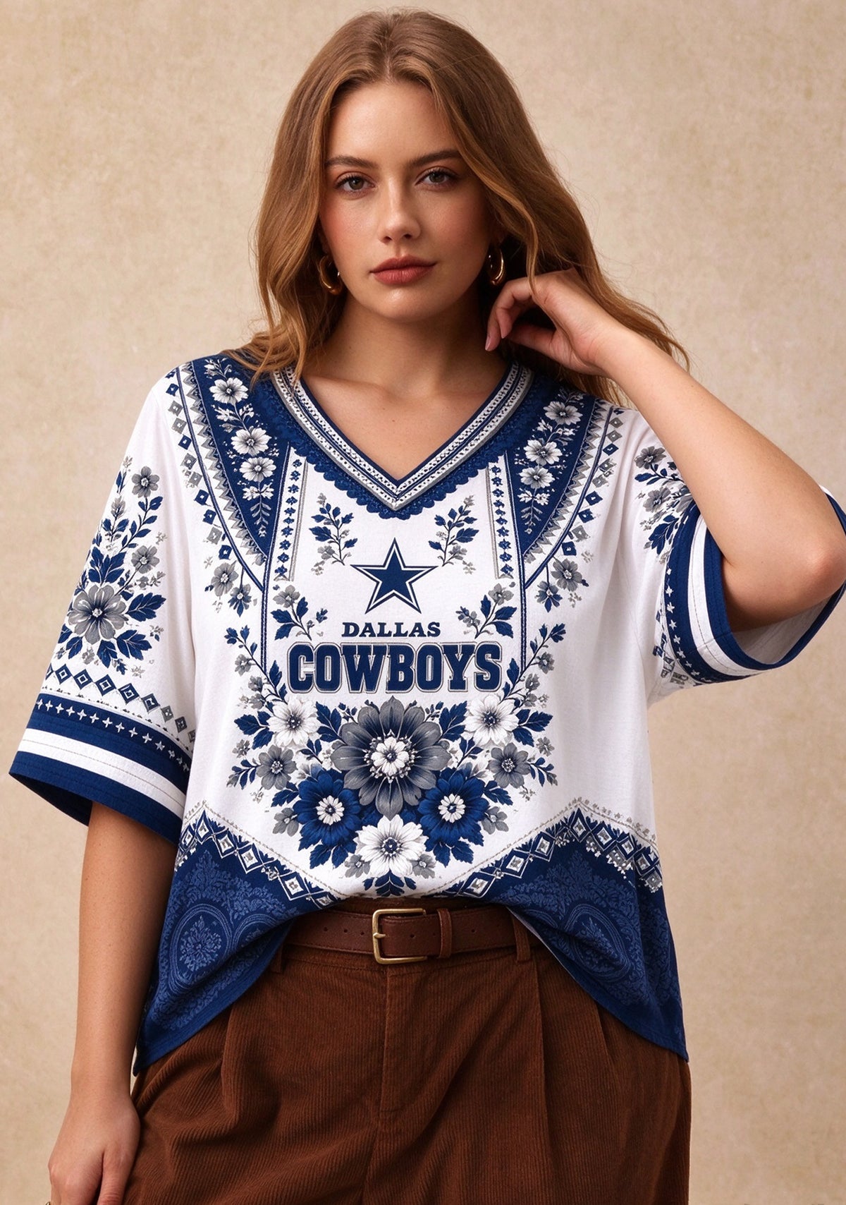Women’s Dallas Cowboys Boho Floral V-Neck 3/4 Sleeve Shirt